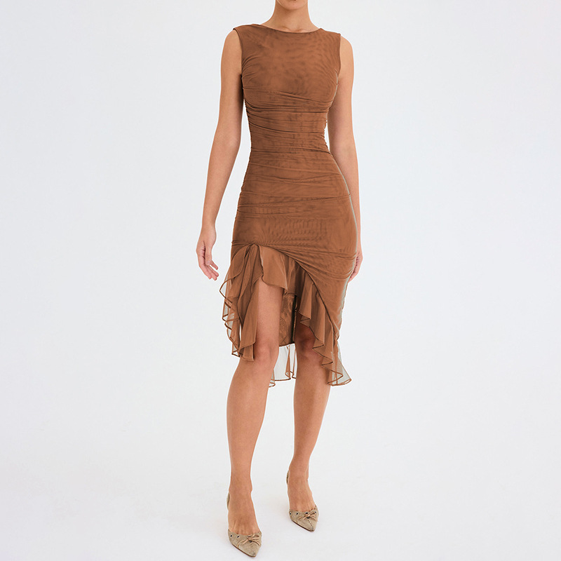 280g Weight Asymmetrical Dress, Knee-Length Dress Length Type Sleeveless Sleeve Length Mesh Dress Dresses Type Spandex, Mesh Yarn Fabric Type High Waist Waist Line Holiday, Cocktail Party Occasion Round Neck Neckline Slim Fit Type Solid Color Pattern Summer Season Women's Gender Pleated Design Elegant, Sexy Style Wholesale Women's Elegant Sexy Pleated Solid Color Holiday Cocktail Party Round Neck Sleeveless Mesh Dress 7