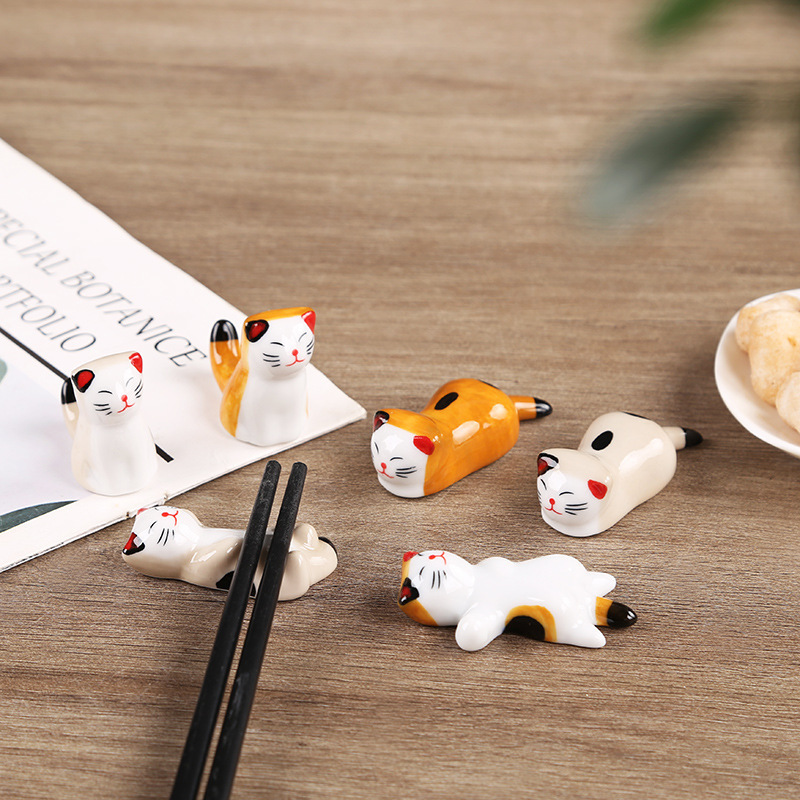 Zakka Grocery 식기 세라믹 젓가락 홀더 행운의 고양이 젓가락 홀더 세트 Six Xiao Mao 206