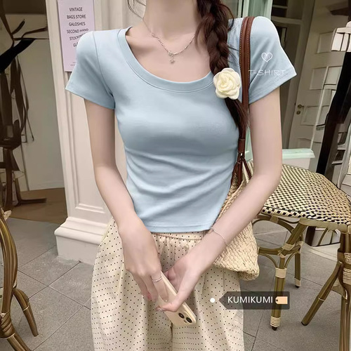 Basic U-neck T-shirt women's clothing solid color simple base summer slimming versatile short sleeve hooded top 