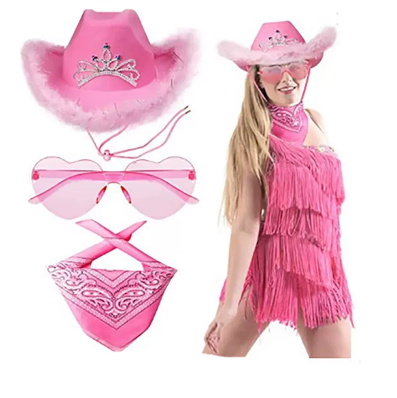 厂家现货西部牛仔帽 粉色皇冠牛仔帽 羽毛边字母牛仔帽亮片粉色帽