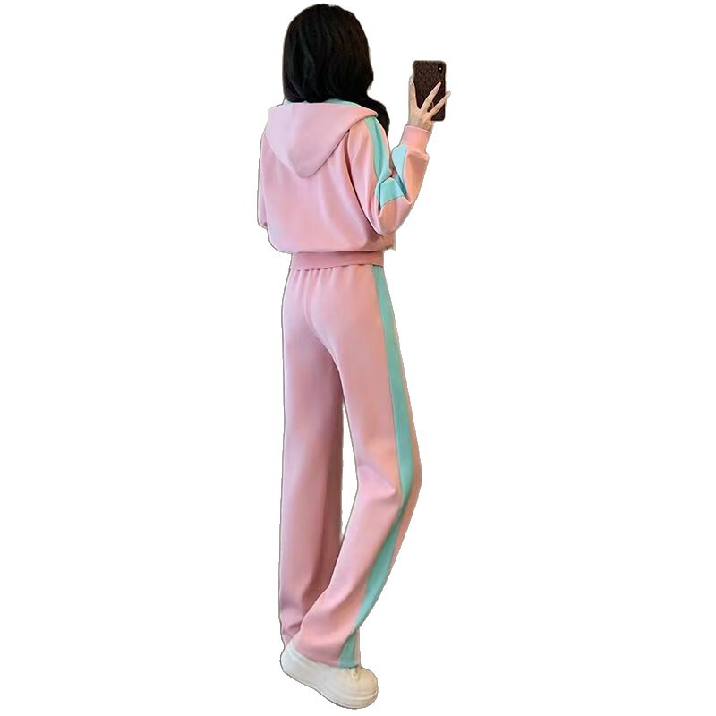 秋季休闲运动套装女2025新款洋气粉色减龄连帽撞色直筒裤两件套潮|undefined