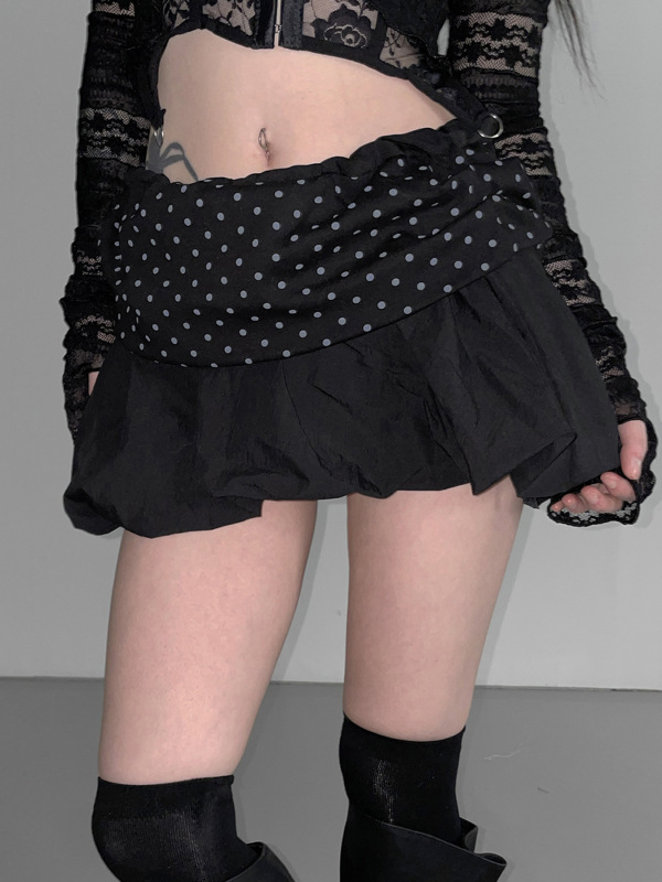 法式甜辣风波点拼接修身显瘦短裙新款跨境高腰少女风花苞半身裙|undefined