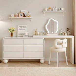 [Baking Paint] Cream Style All Solid Wood Dressing Table Bucket Cabinet Storage Cabinet Integrated Bedroom Retractable Corner Makeup Table