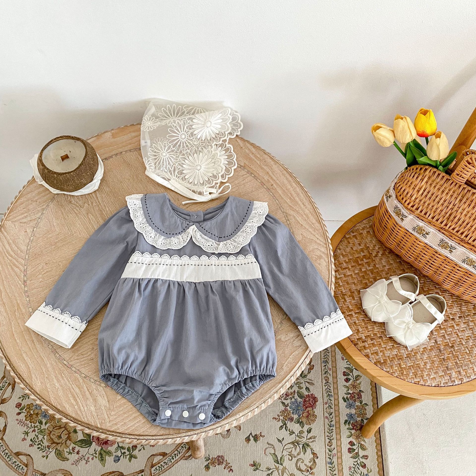 INS 2024 Herbst Baumwolle Klasse A Schwestern Mädchen Baby Spitze Puppe Hals Langarm Furz Gewickelt Romper + Rock_voghion.com