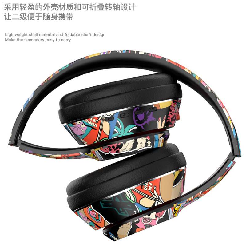 Auriculares plegables con Bluetooth.Subwoofer con grafitis de colores.Auriculares deportivos inalámbricos.