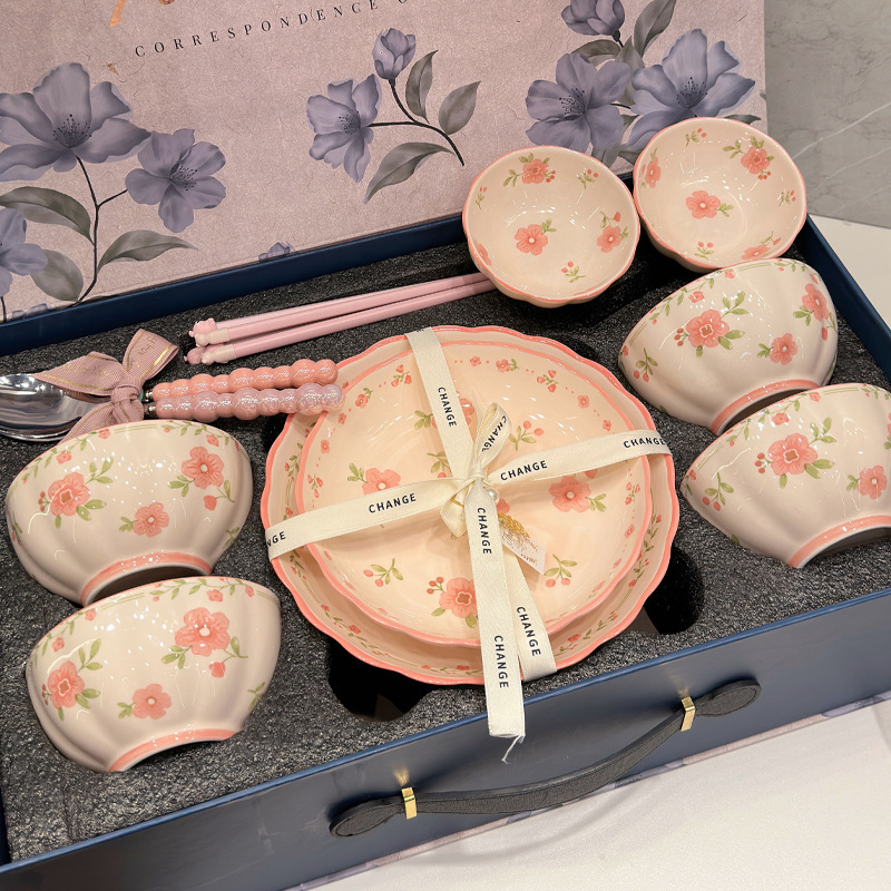 Fresh Pink Floral Dishes and Dish suit Household High-value Rice Bowl and Dish Combination Dishes and Dish Gifts Tableware