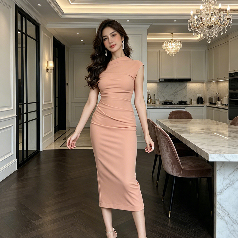 Đầm ôm body nữ không tay, phong cách Pháp, cổ khoét sâu, ôm sát cơ thể — Màu cam chi tiết 3