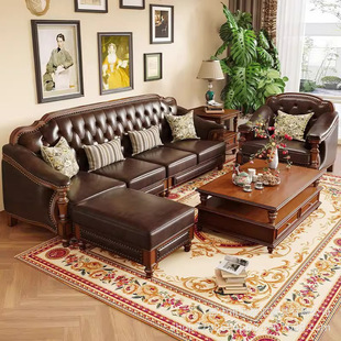 American-Style Retro Country All-Solid Wood Genuine Leather Sofa, Top-Layer Cowhide 123 Combination, Living Room Villa Furniture for Four People