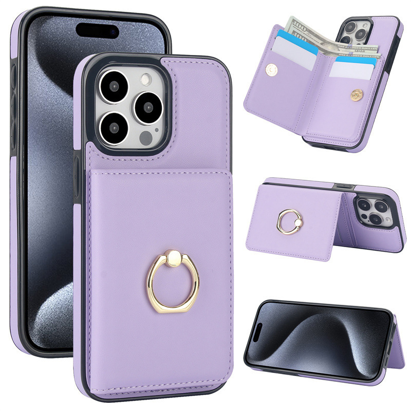 Solid Color Ring Buckle Suitable for iPhone 17 Pro Max Phone Case with Integrated Card Holder, Apple 16 Coin Purse, 14 Plus