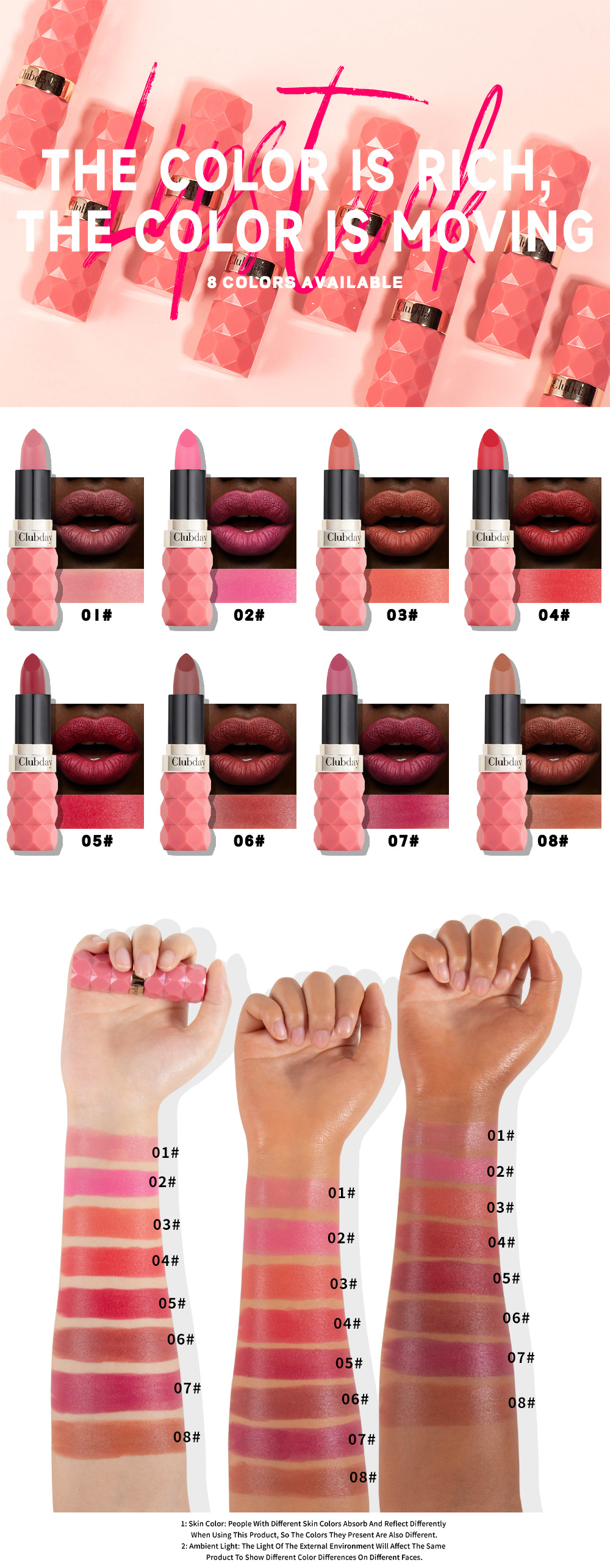 Clubday diamond-cut matte lipstick, non-fading and non-sticky velvet 8-color matte lipstick Application Scenario