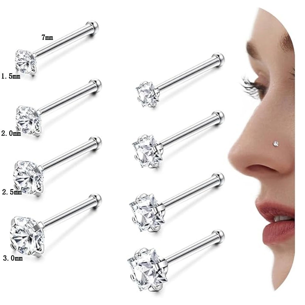 Set Of Titanium Nose Studs With Zirconia In Square And Round Styles_voghion.com