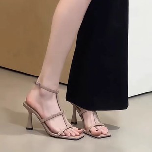 Nude summer footwear high heels, sandals, french style, thin strap