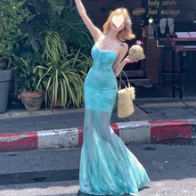 沙滩度假风法式绿色蝴蝶印花吊带连衣裙女收腰包臀纯欲甜辣鱼尾裙