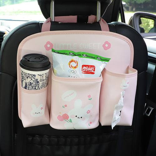Car storage bag hanging bag cute cartoon leather car seat back hanging storage bag multifunctional storage supplies