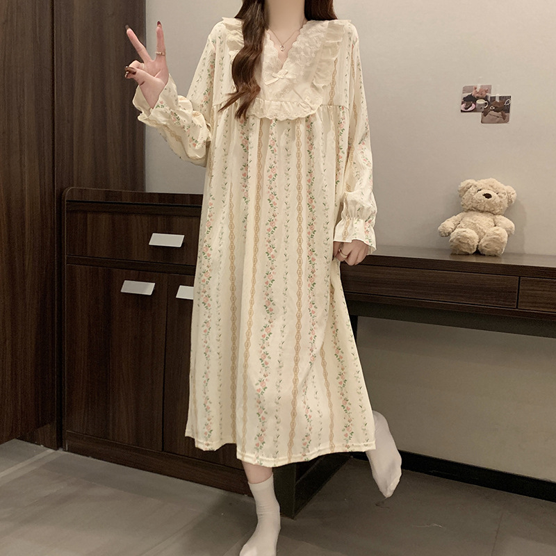 2025 pijama de otoño mujer delgado tejido pijama nubes de algodón de encaje dulce princesa vestido de vestir al por mayor