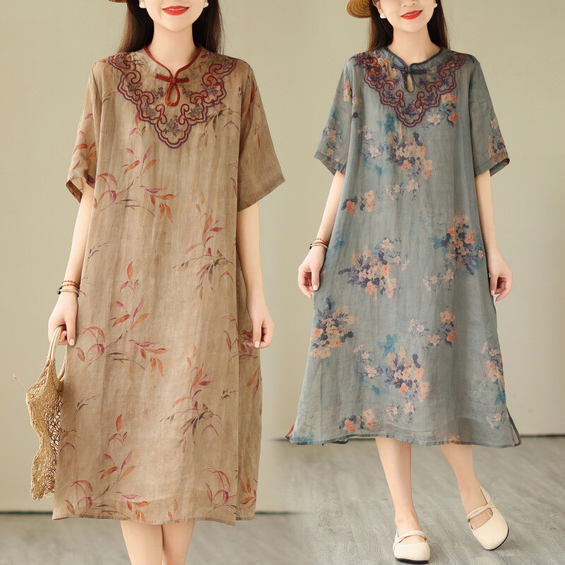 2024 Summer New Improved Chinese Style National Style Button Ramie Embroidery Mother Cheongsam dress Women 2024 Summer New Improved Chinese Style National Style Button Ramie Embroidery Mother Cheongsam dress Women