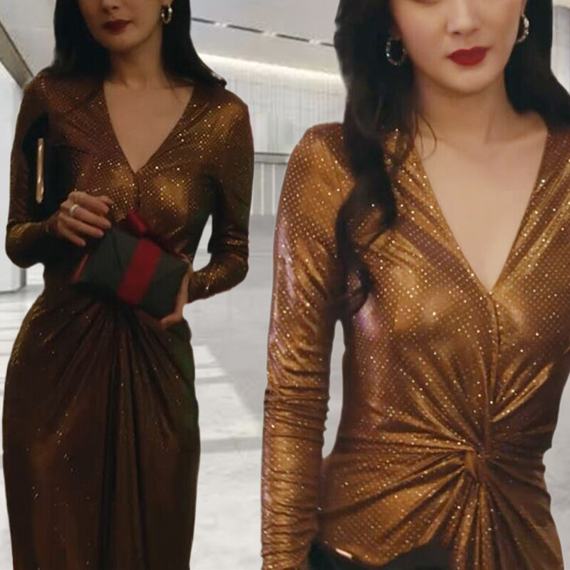 Fashionable Classy Atmospheric Golden V Neck Sexy Dress Classy Elegant Long-Sleeved Dress Party Banquet Women's Skirt