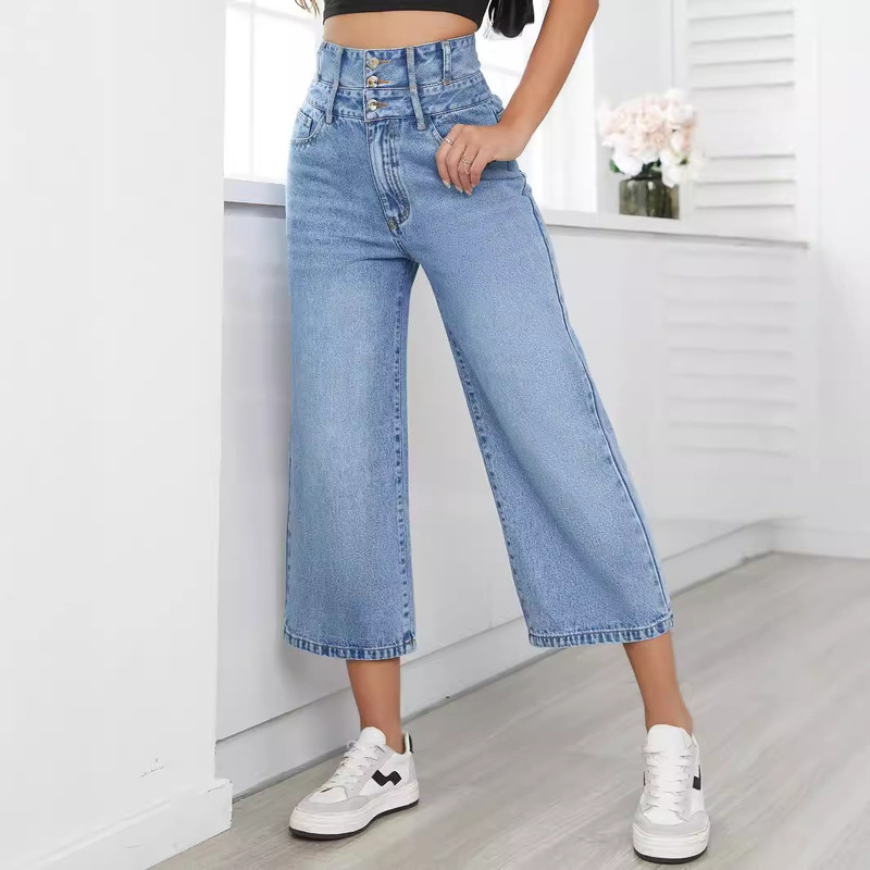Pre-Sale-35727 # Cross-Border European and American Amazon Foreign Trade Women's Straight High-Waisted Cropped Trousers Wide-Leg Denim Trousers