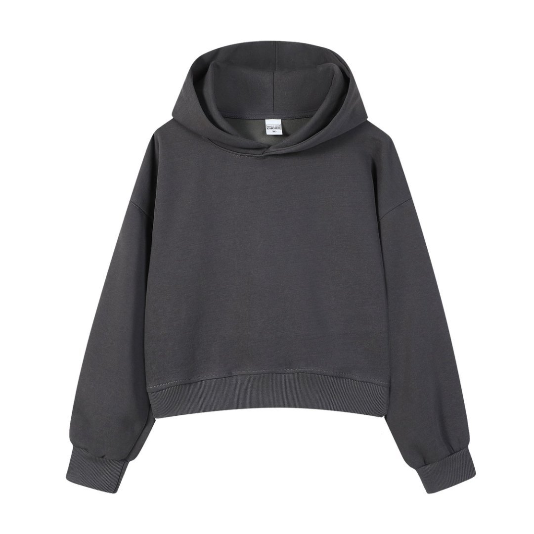 Marca de moda de color sólido con capuchón de plata, camiseta corta de hombro para mujeres otoño y invierno pesado 450g con camiseta con capuchón cálida y casual