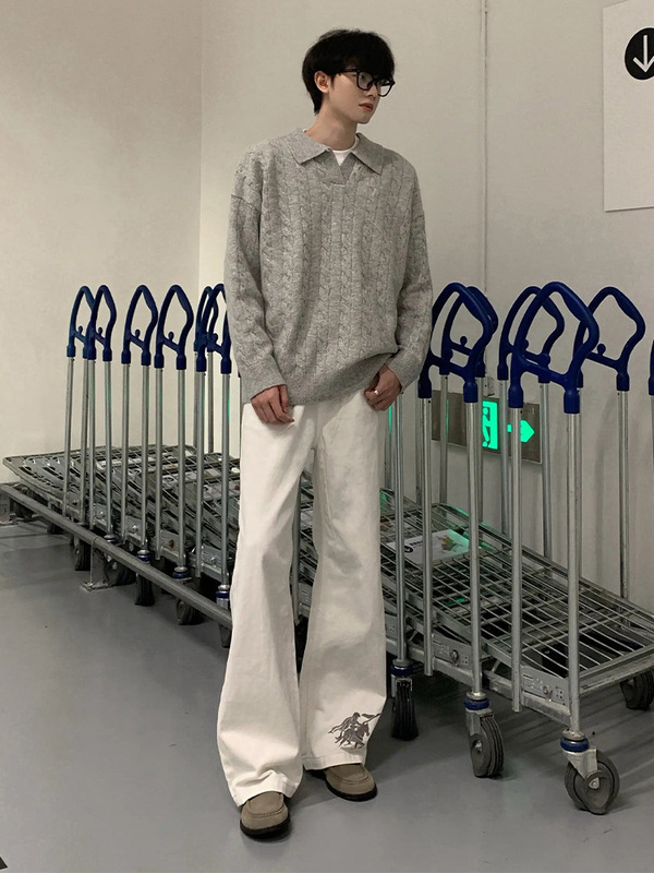 美式复古绞花针织长袖t恤男秋季老钱风高级感polo衫慵懒宽松上衣|undefined
