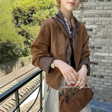 高端韩系设计感圆领袖口拼接鹿皮绒外套女25早秋季新款时尚百搭上