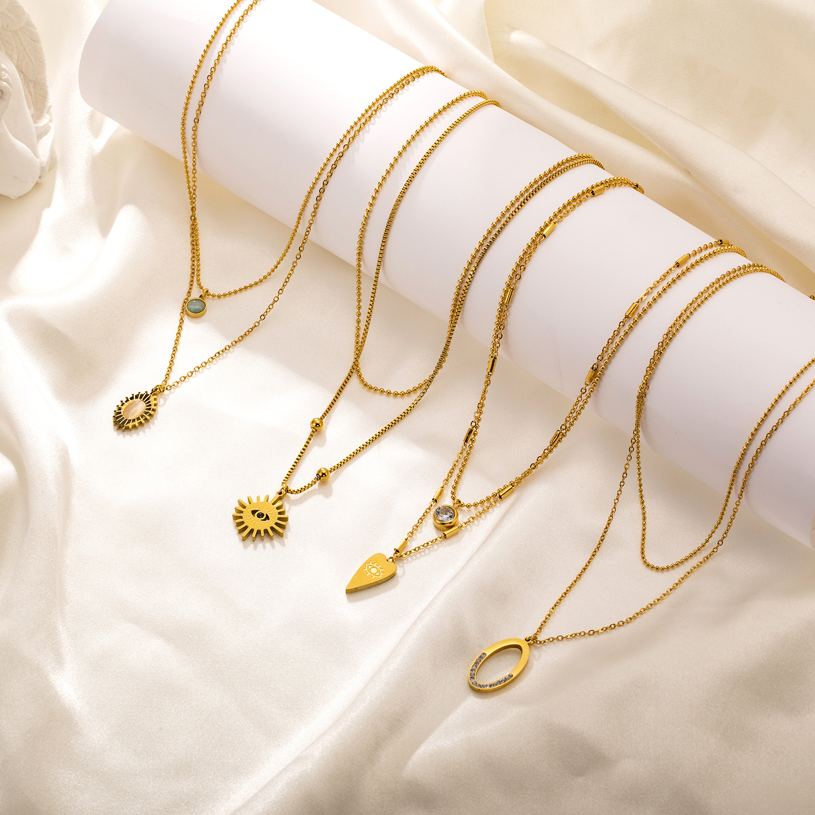 Simple Style Oval Eye Titanium Steel Plating Inlay Zircon Layered Necklaces 1 Piece