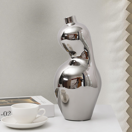 Nordic light luxury electroplated silver special-shaped creative ceramic vase living room restaurant model room bookcase TV cabinet ornaments