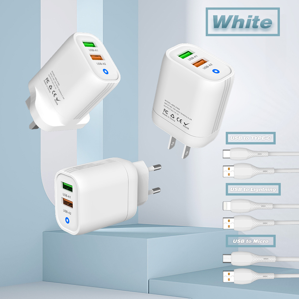 跨境USB多口充电器套装5V3A双U线充欧美英规15W配机电源