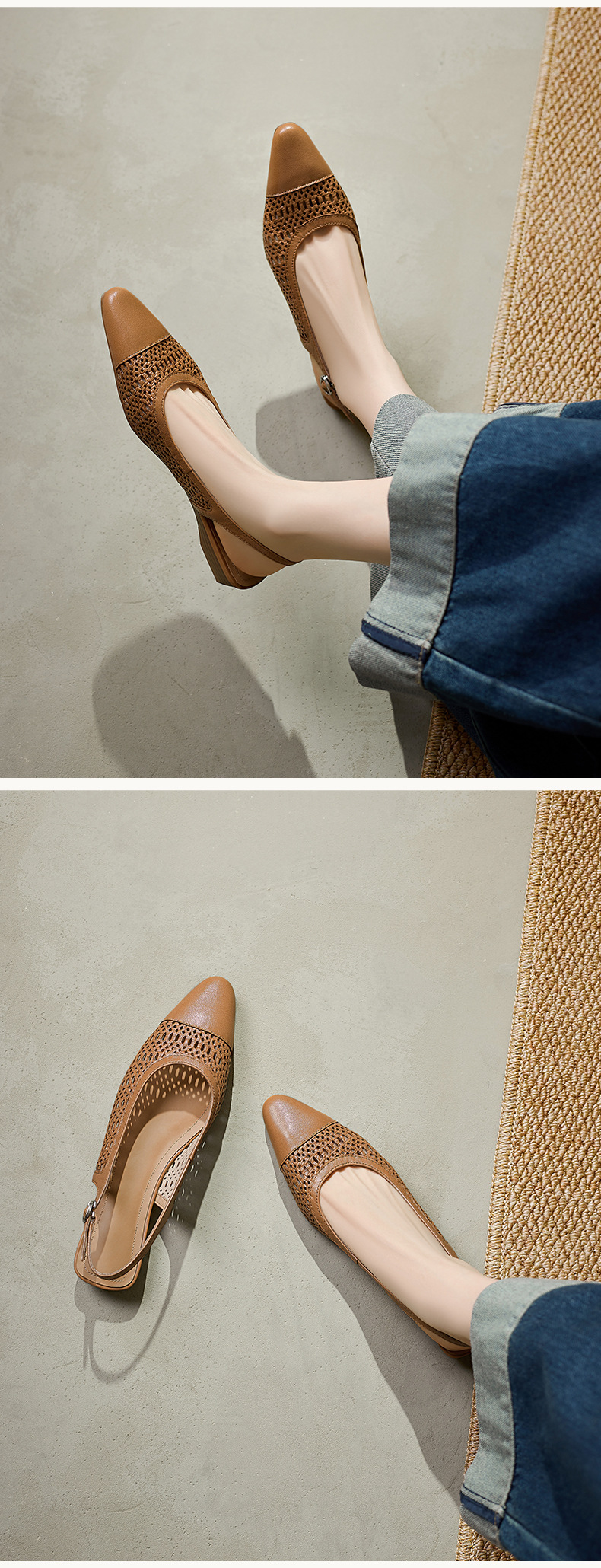 Sandal nữ phong cách vintage mũi kín hở gót đế bệt — Màu caramel chi tiết 11