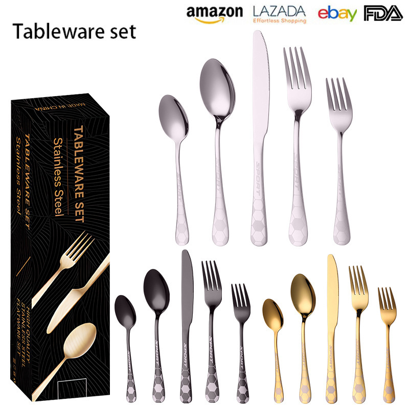 New cross-border 1010 stainless steel cutlery set with creative World Cup pattern handle, golden steak knife for Western cuisine