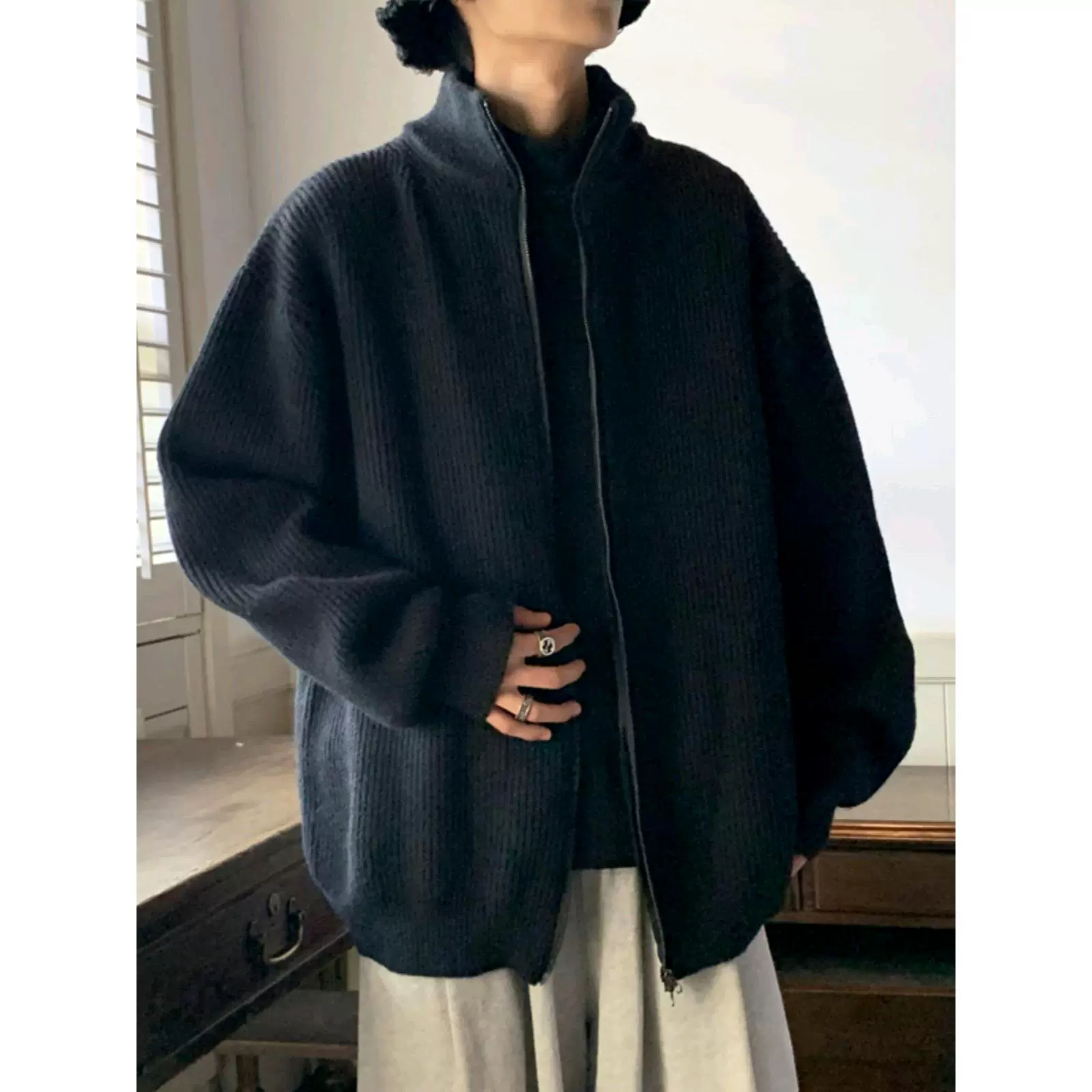 Кардиган, демисезонный свитер, мужская вязаная куртка с молнией, oversize, пригодна для активного отдыха
