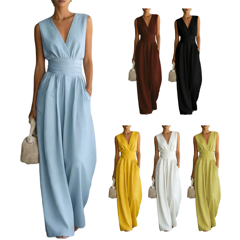 2026跨境欧美秋季连体套装亚马逊V领收腰无袖长裤优雅气质连体裤