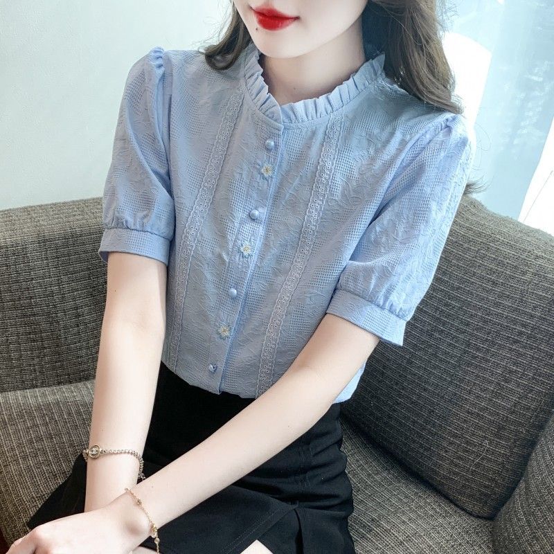 夏季2025年新款女装时尚薄款纯棉衬衫女洋气全棉提花立领上衣短袖