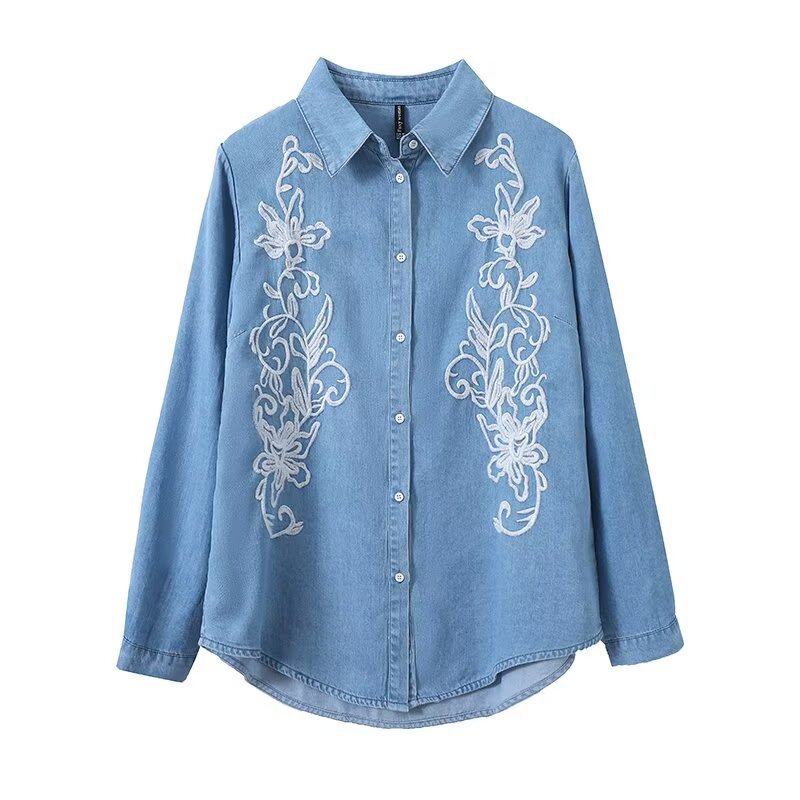 Ethnic Style Heavy Floral Embroidery Women's Tencel Denim Shirt French High-End Long-Sleeved Shirt European and American Cross-Border