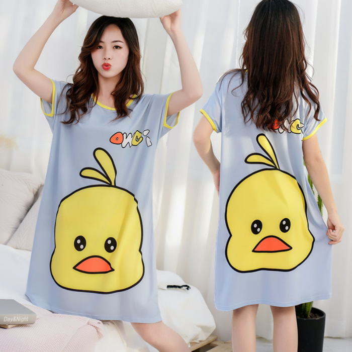 Camisón de las mujeres del verano Delgado manga corta nueva línea rojo estilo pijamas dibujos animados lindo señoras vestido flojo desgaste hogar