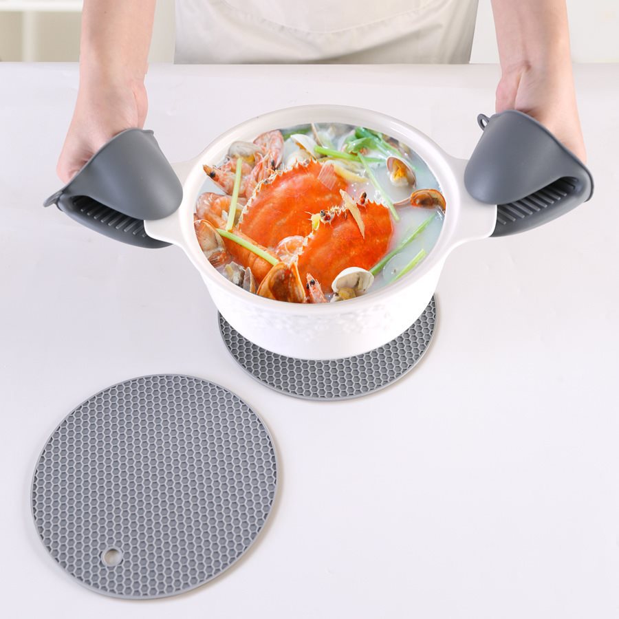 (2개) 오래 지속되는 실리콘 면 단열 장갑 세트 실리콘 핸드 클립 안티 스케일 장갑 베이킹 단열 오븐 장갑