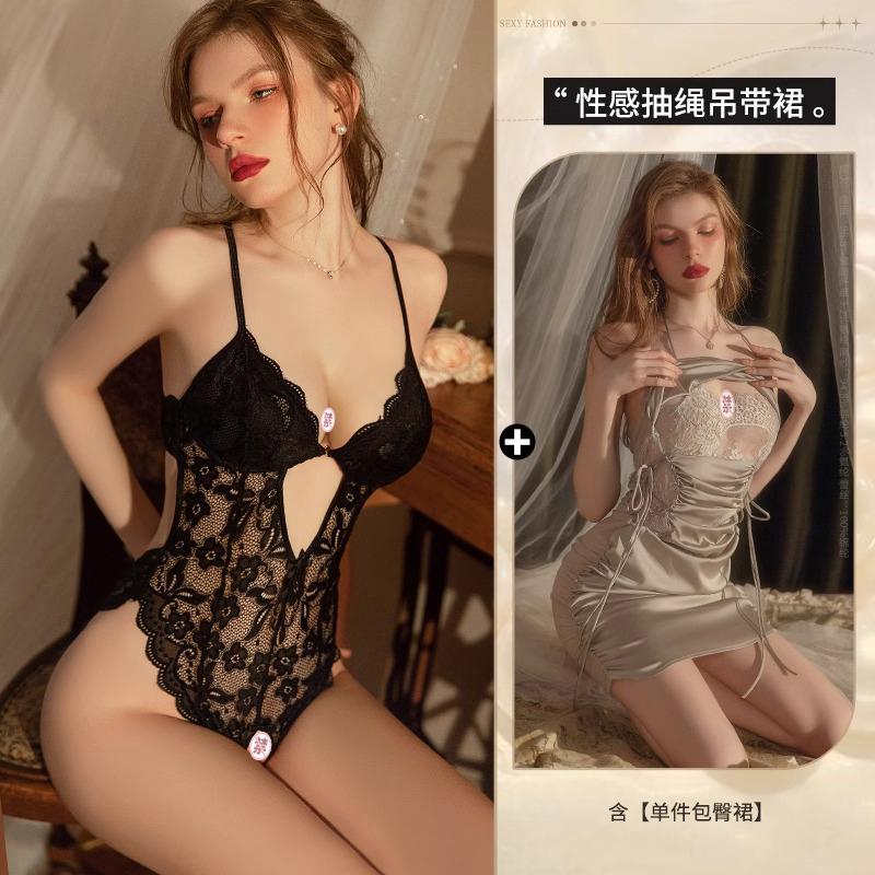 프렌치 레이스 가랑이 점프수트 ◆ 블랙 + 섹시한 드로스트링 서스펜더 스커트