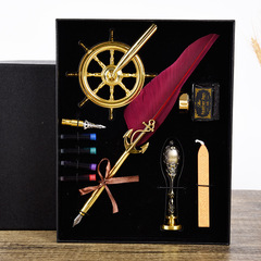 Teacher's Day Ink Pen Set with Water Droplet, European Retro Feather Pen Set, Nautical Student Gift Box, Enamel Business Gift