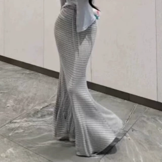 韩系气质条纹鱼尾包臀裙女2025新款辣妹慵懒休闲风垂感拖地长裙