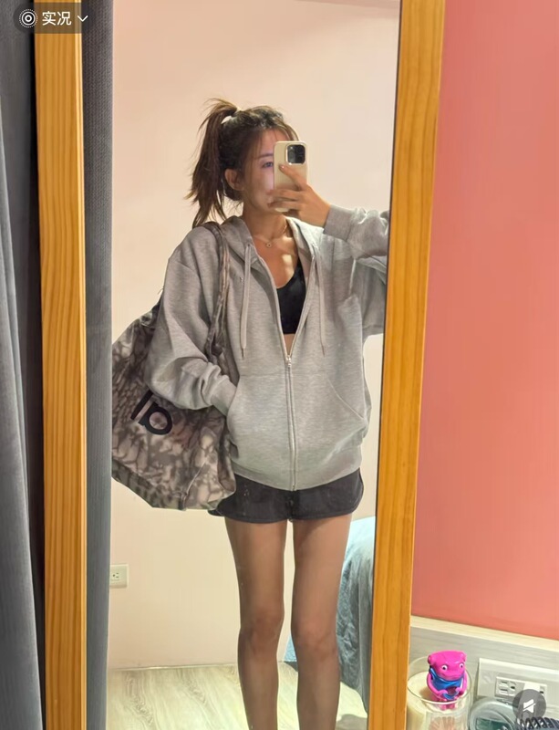 AL0宽松外套女2025新款春秋灰色加绒连帽开衫卫衣休闲百搭运动瑜|undefined