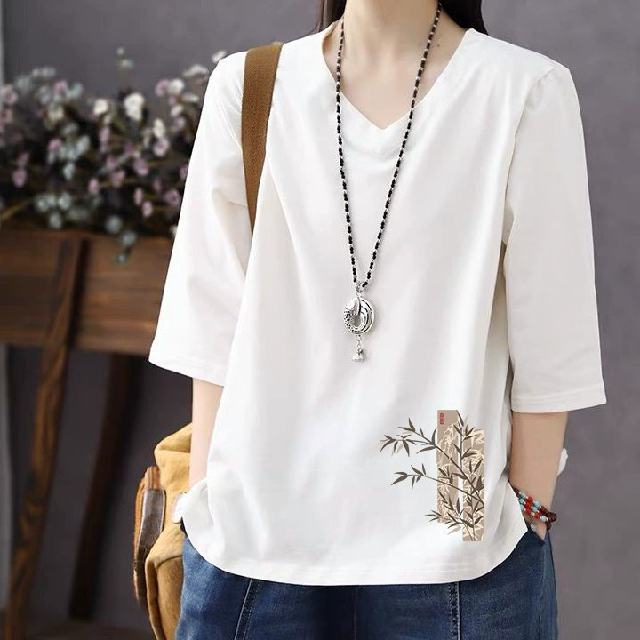 Женская свободная рубашка из чистого хлопка с рукавом три четверти и половиной рукава, нижняя рубашка среднего размера, верхняя одежда, футболка с v-образным вырезом, утягивающая фигуру, другие