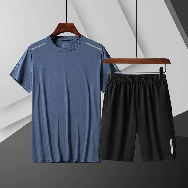 Летний мужской спортивный набор с короткими рукавами, ледяной шелк, быстрый и сухой, дышащий сплошной цвет повседневная футболка с круглым вырезом, спортивные шорты из 2 частей