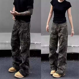 美式复古多口袋高街迷彩工装裤男女同款痞帅拉链设计直筒修身长裤