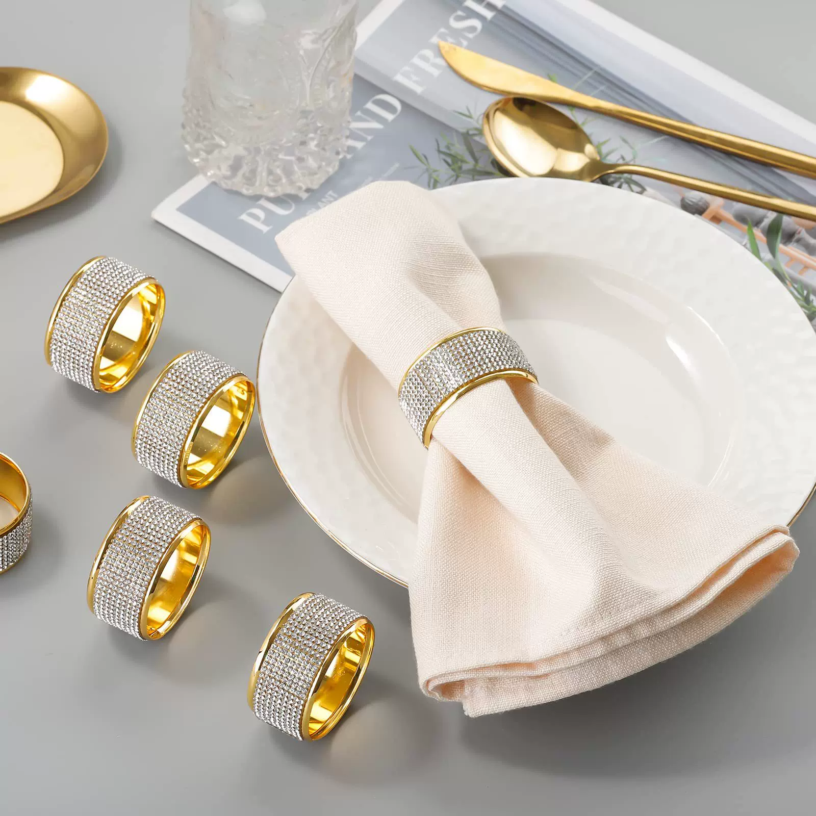新品酒店餐桌摆台装饰镶钻餐巾环 欧式时尚金属餐巾扣口布圈批发