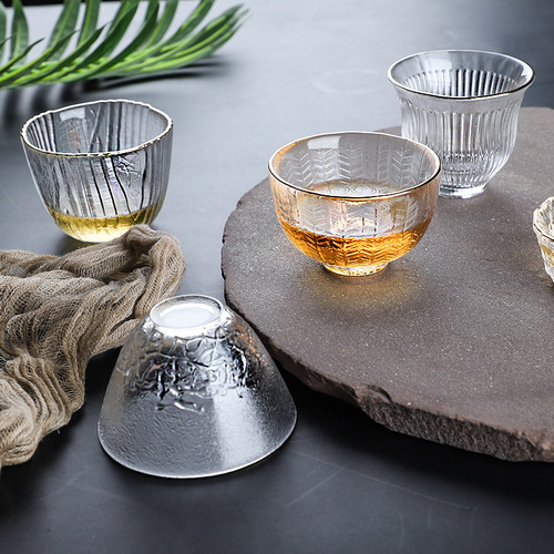 Minimalist transparent glass teacup with gold edge, hammer pattern tea cup, host cup, small tea bowl, Gongfu tea set cup, wholesale