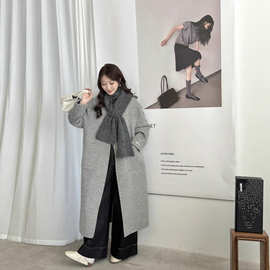 韩版设计感高级双面羊毛大衣女长款过膝慵懒围巾连帽宽松呢子外套