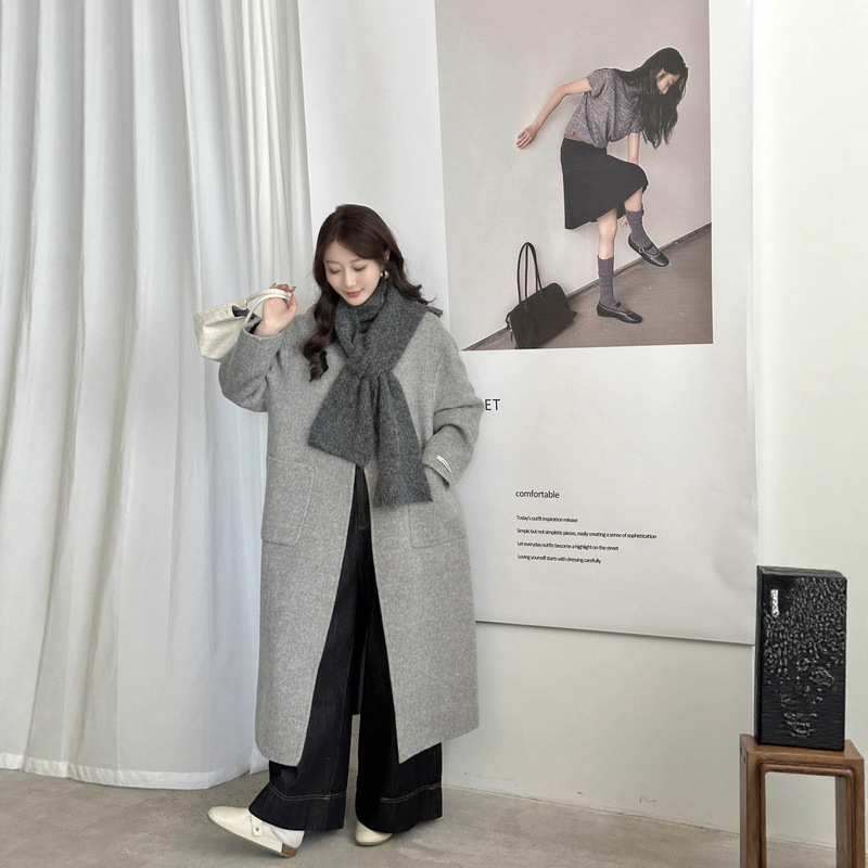 Korean Style High-End Double-Sided Wool Outwear for Women, Long Knee-Length Lazy Scarf, Hooded Loose Woolen Outwear