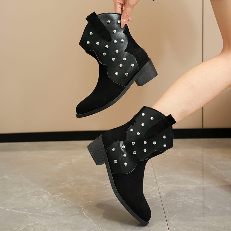 Women's Shoes large size winter women's boots rivet decoration retro pointed thick heel short boots sleeve Martin boots_voghion.com