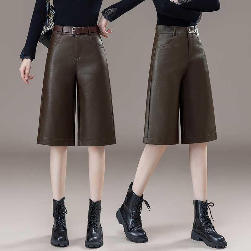 2025 Autumn and Winter New Haining Genuine Full Leather Leather Pants Women's Five-Point Pants Goatskin High-Waisted Wide-Leg Leather Shorts for Outer Wear