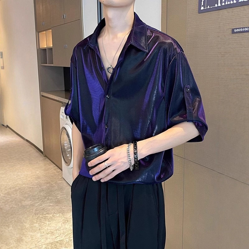 High-End Glossy Shirt Men's Summer Short-Sleeved Loose Trendy Brand Metallic Purple Shirt Singer Stage Top